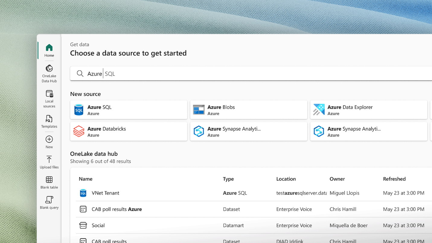 Close-up of the global search feature as it appears in the Get data flow. Focus is on the predictive text functionality.