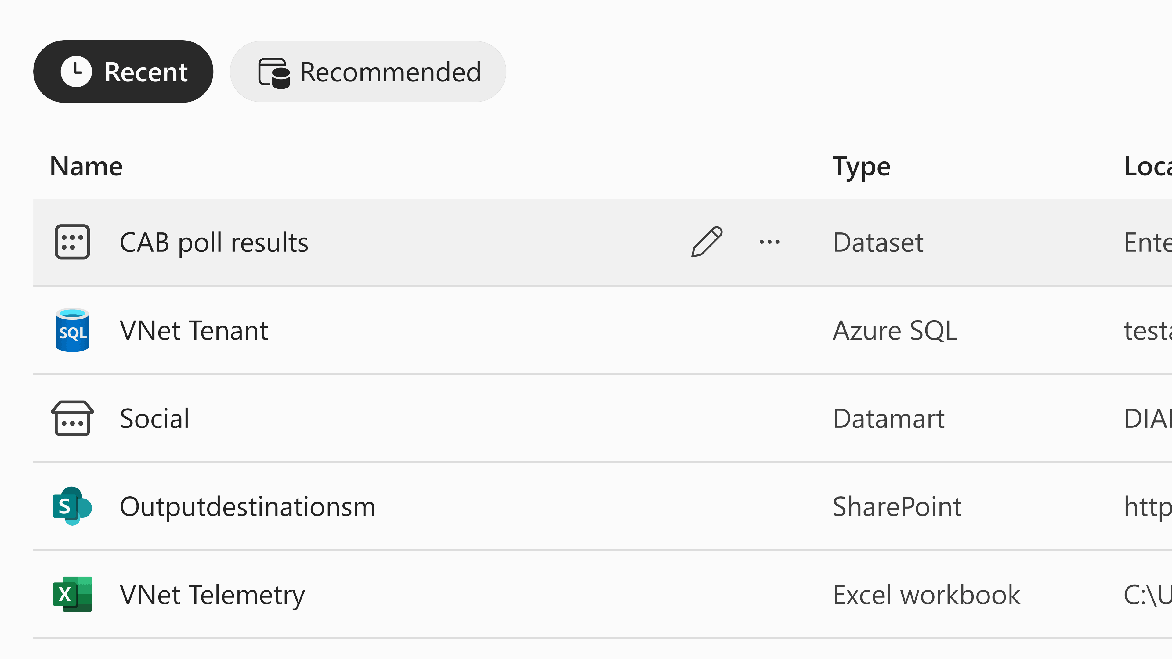 Close-up of the recent data filter in OneLake data hub view. Now a customer can immediately access files they’ve last used without having to make a new connection.