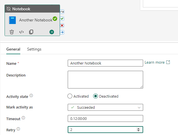 The general tab of the notebook activity showing the name "Another Notebook" and the activity state set to deactivated