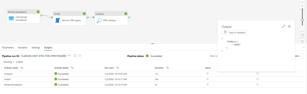 When testing your pipeline interactively inside the Fabric Data Factory UI, you can use the Output field to view the results of the activity run.