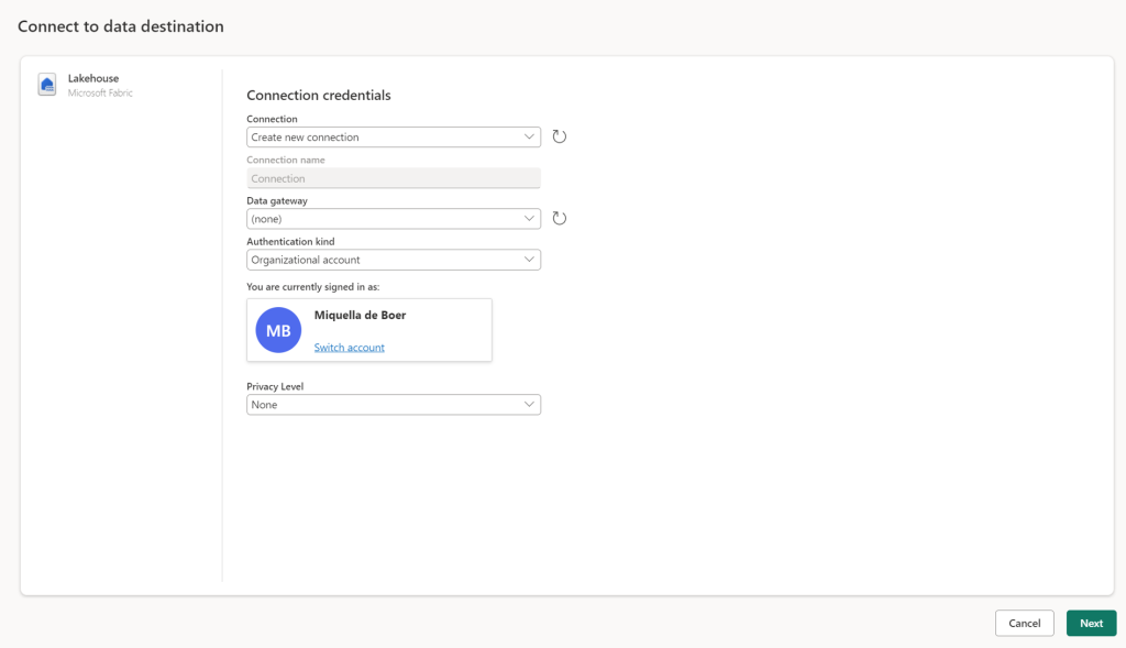 Connect to data destination dialog when connecting to a lakehouse