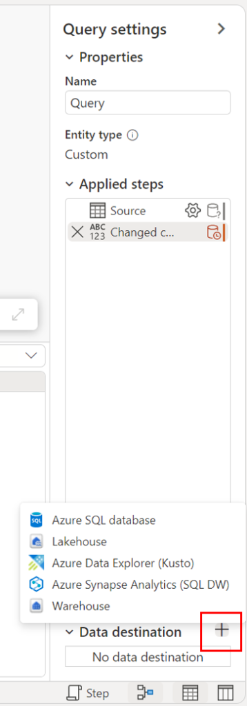 Add Data destination entry point inside of the applied steps section