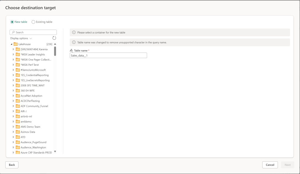 Choose destination target for the data destination feature when using a Lakehouse as a destination