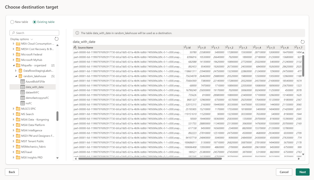 previewing a table when using the choose destination target table
