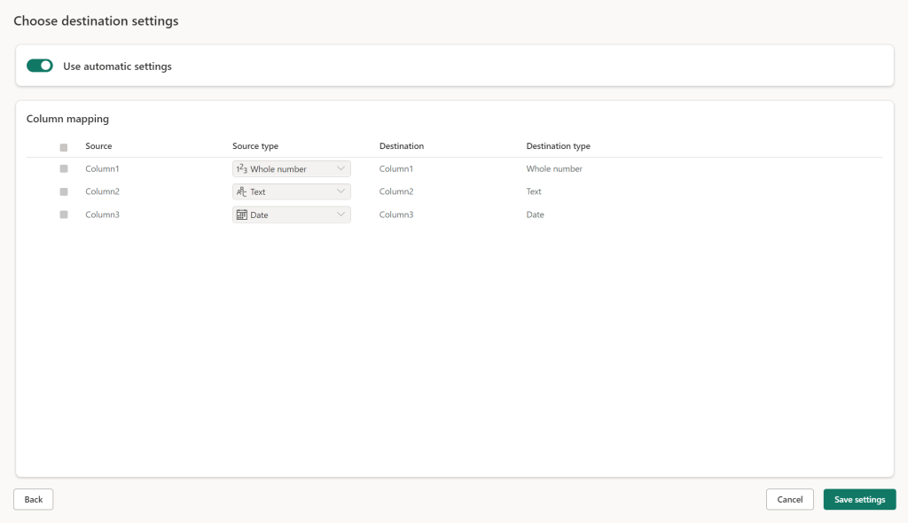 choose destination settings dialog and the automatic settings being enabled