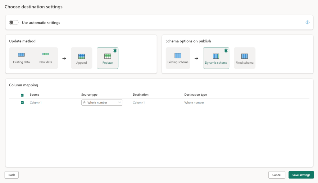 choose destination settings dialog when manually selecting the updated method and scehma options on publish