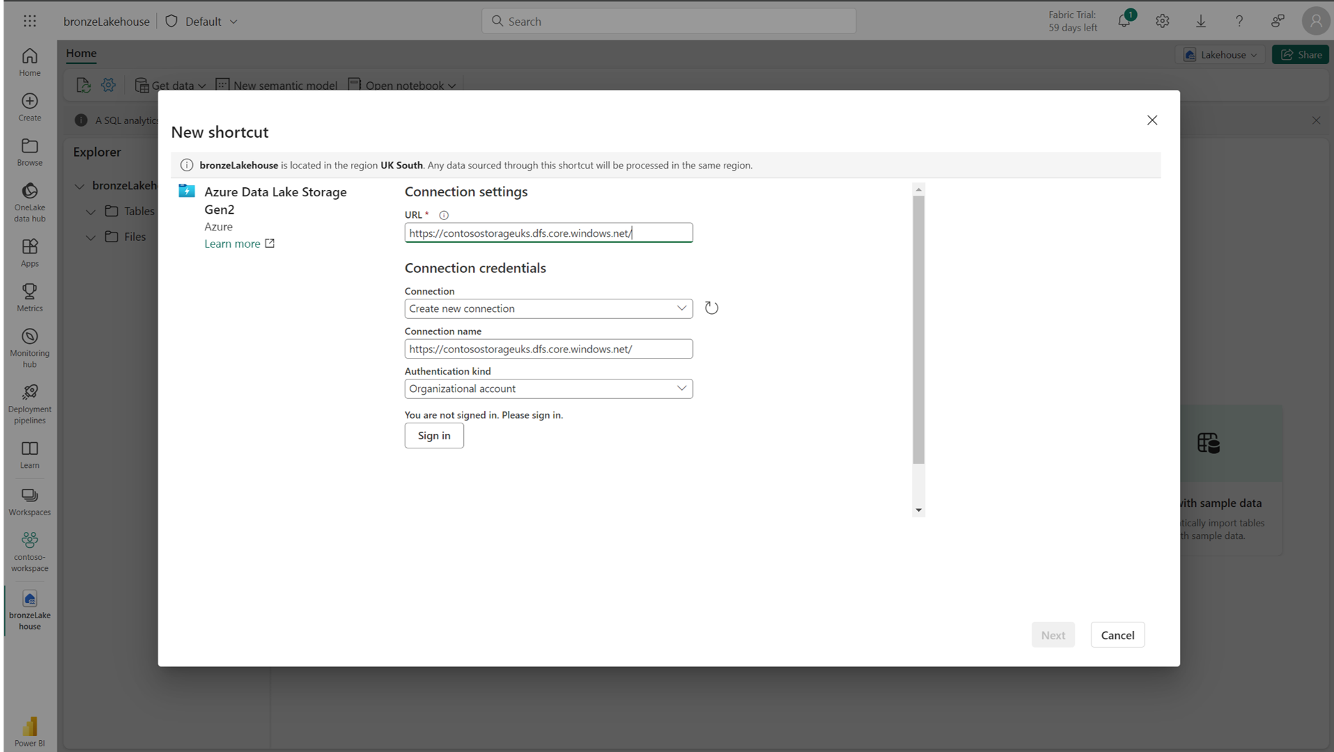 Create an ADLS g2 shortcut in a Lakehouse
