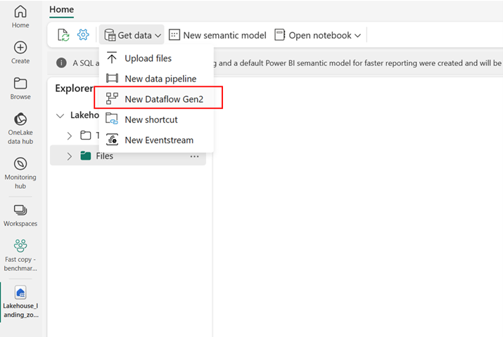Select new dataflow gen 2 from get data dropdown in Lakehouse or Warehouse