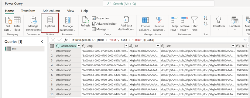select options from the Power Query ribbon
