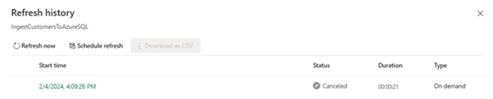 a refresh history showing an entry where the refresh activity was canceled