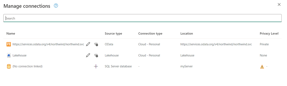 Manage connections dialog showing connections that are linked and data sources that don't have any connections linked yet
