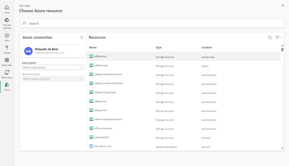 Azure resource picker inside of the Get Data experience