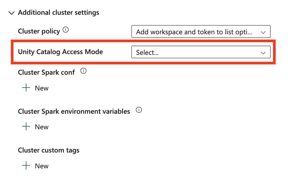 Unity catalog access mode new option inside of the Additional cluster settings