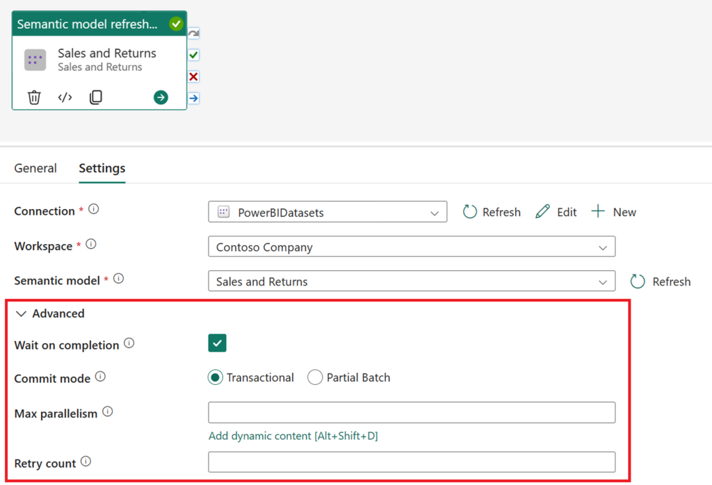 An image displaying the semantic model refresh activity advanced settings including wait on completion, commit mode, max parallelism and retry count.
