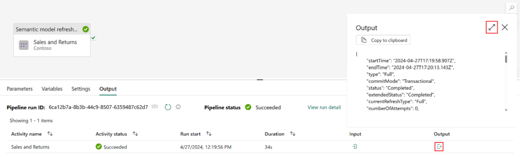 An image displaying a data pipeline output window including an activity that has Succeeded and the enhanced refresh REST API response details.