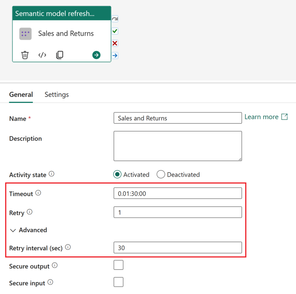 An image displaying the semantic model refresh activity general settings for timeout, retry and retry interval parameters.