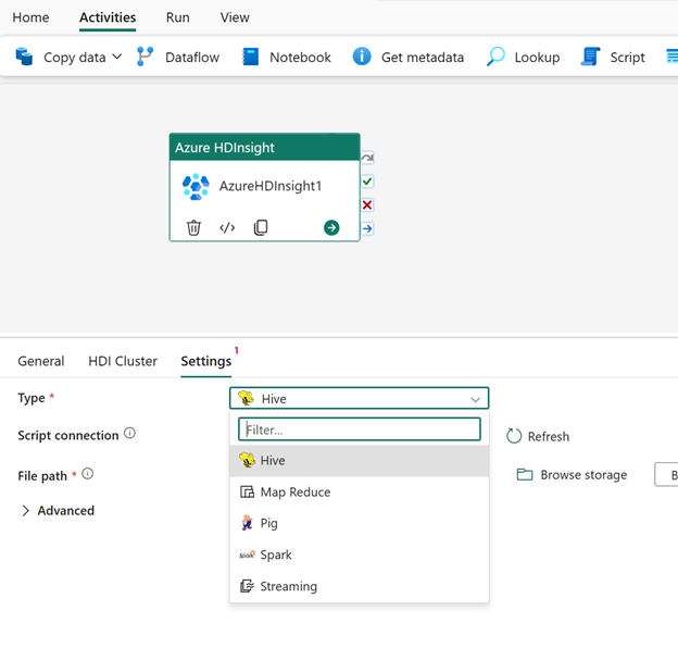 Settings section for the new HDInsight activity in Data Pipeline
