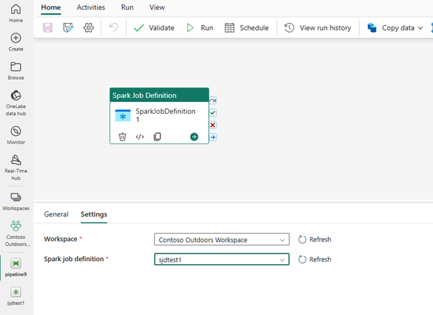 New Spark Job definition activity inside of Data Pipeline showcasing the available settings