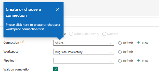 Creating or choosing a connection when using the Invoke Pipeline activity in Data Pipelines