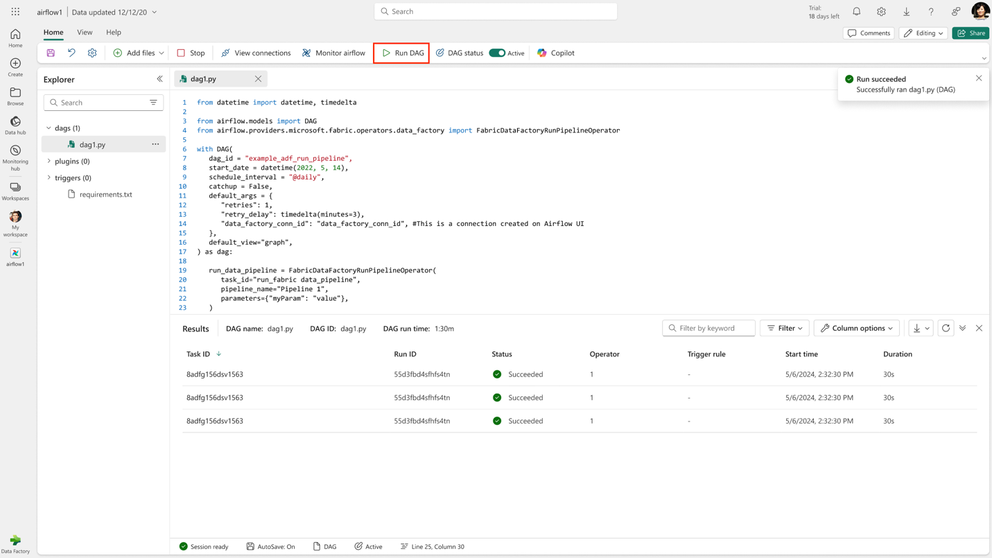 Screenshot for running the dag