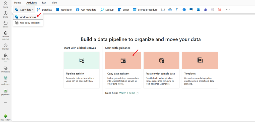 How to start Pipeline Copy assitant