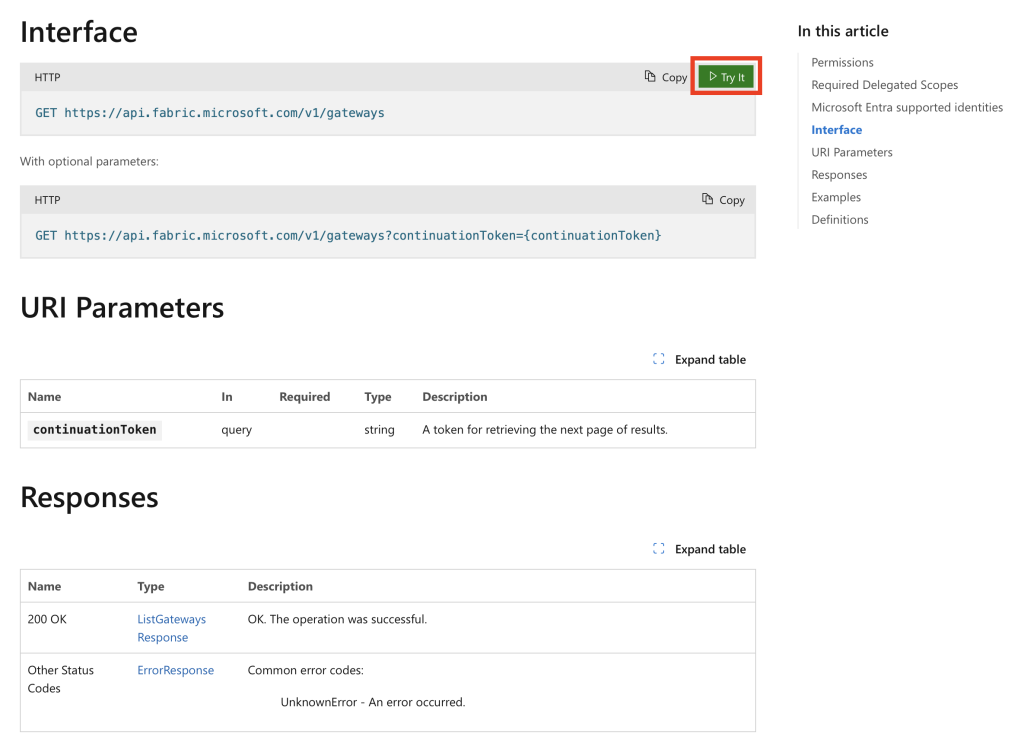 Screenshot of the gateway API documentation article where you can try out the API