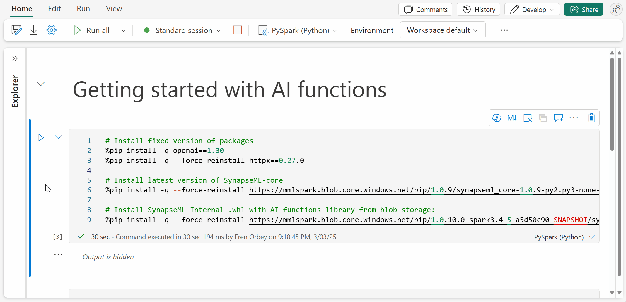A GIF showing how easy it is to get started with AI functions in Fabric. Just install and import the relevant libraries using code samples in the public documentation.