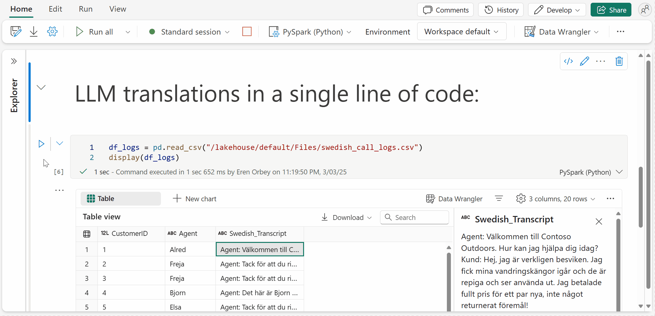 A GIF showing how to translate customer-service call transcripts from Swedish into English using AI functions in Fabric, all with a single line of code.