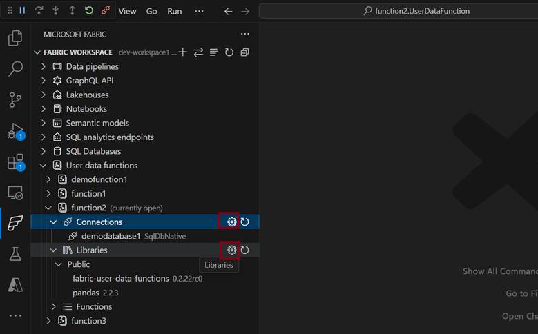 Manage connections and libraries for a user data functions item