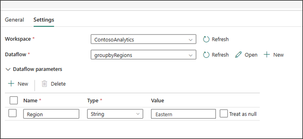 Screenshot of Dataflow Gen2 refresh activity in Fabric pipelines with the new Dataflow parameters section enabled