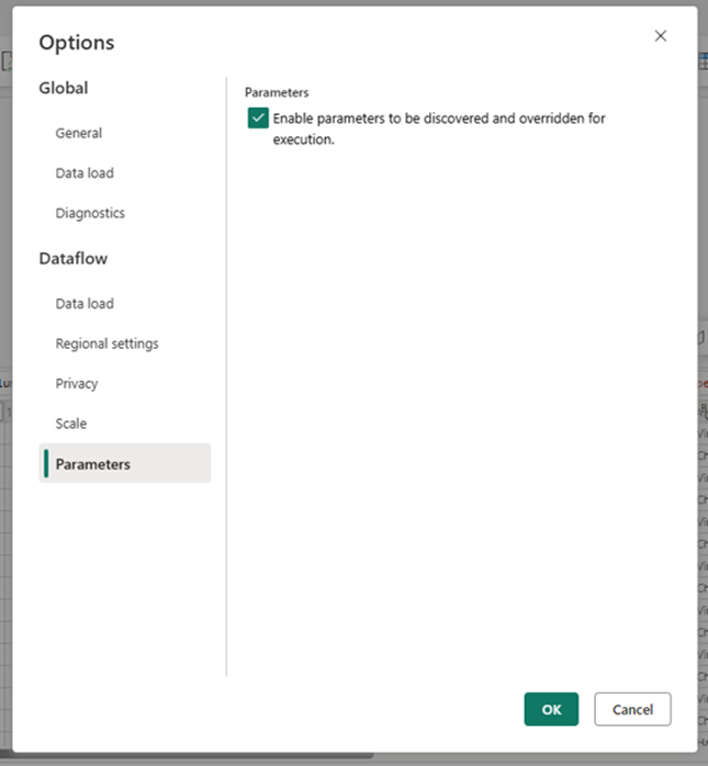 Screenshot of the Options dialog showing the new Parameters section and the new setting to "Enable parameters to be discovered and overridden for execution"