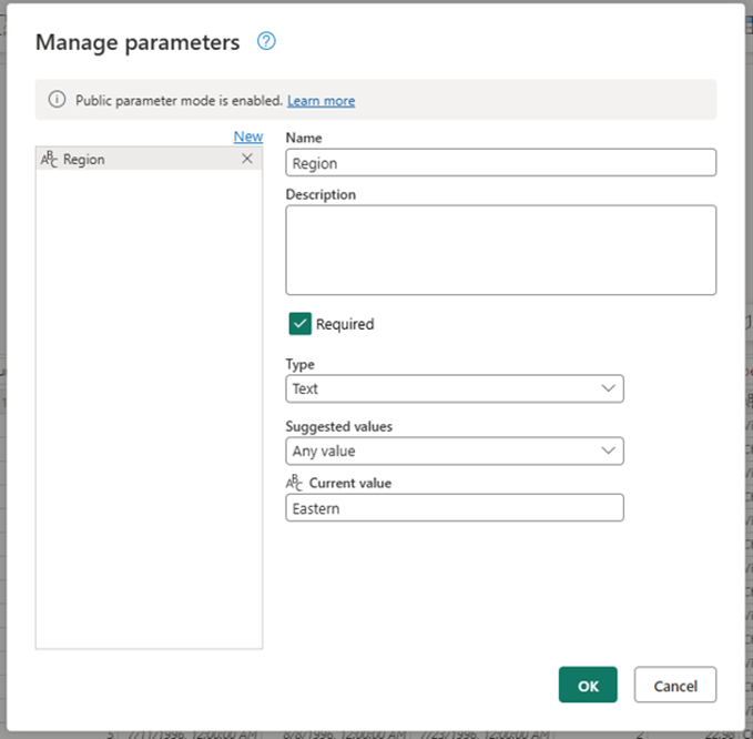 Screenshot of the Manage Parameters dialog showing a tooltip that reads "Public parameter mode is enabled"
