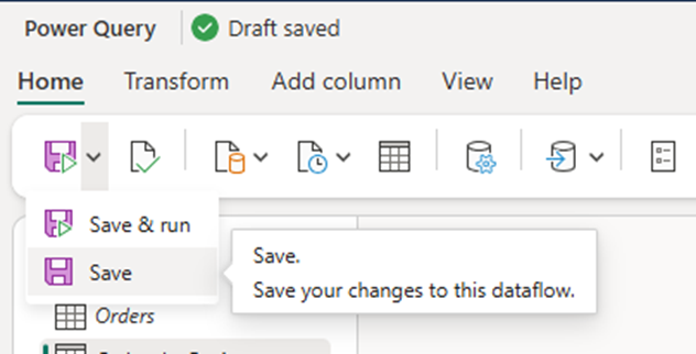 Screenshot of a Dataflow Gen2 editor and the save submenu within the home tab of the ribbon