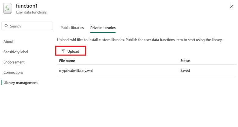 Upload a private library to a user data functions item
