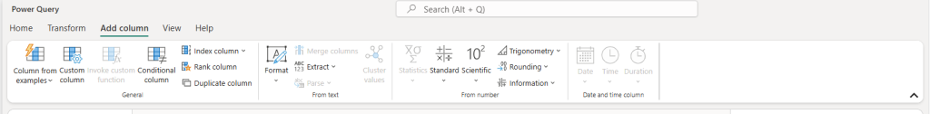 Screenshot of the Add column tab inside the Power Query editor ribbon in Dataflow Gen2 with CI/CD support