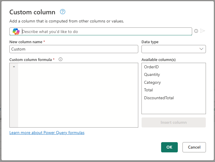 Screenshot of the custom column dialog with the copilot experience inside of Dataflow Gen2