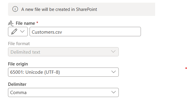 A screen that shows all the settings for the sharepoint data destination.