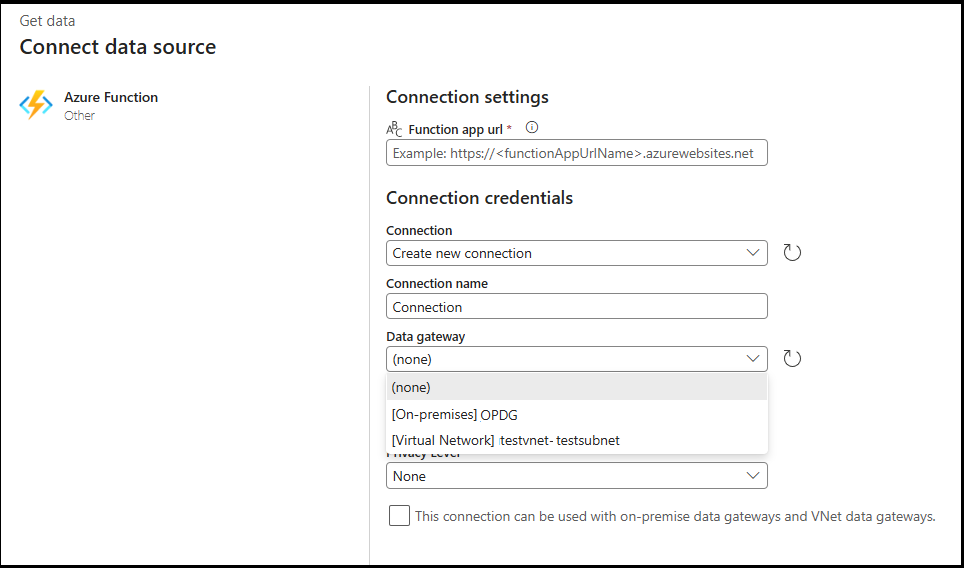 New Azure function connection