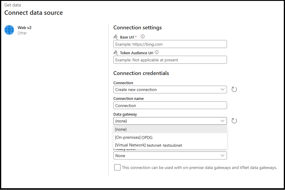 New Web v2 connection configuration