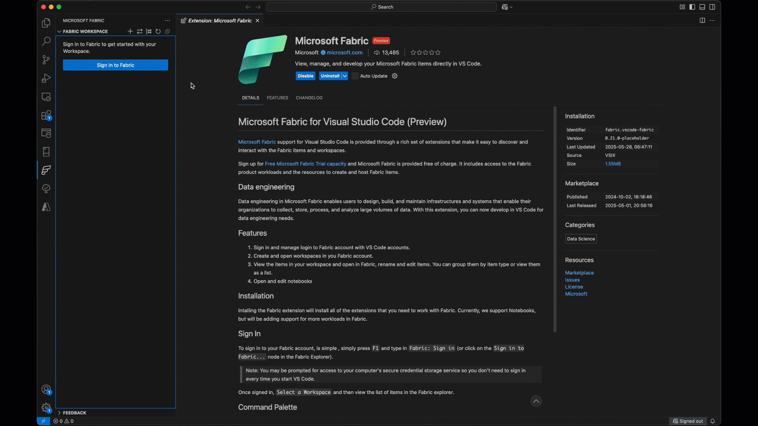 Animated GIF that shows how to use switch tenant feature and create item in Fabric VS Code extension