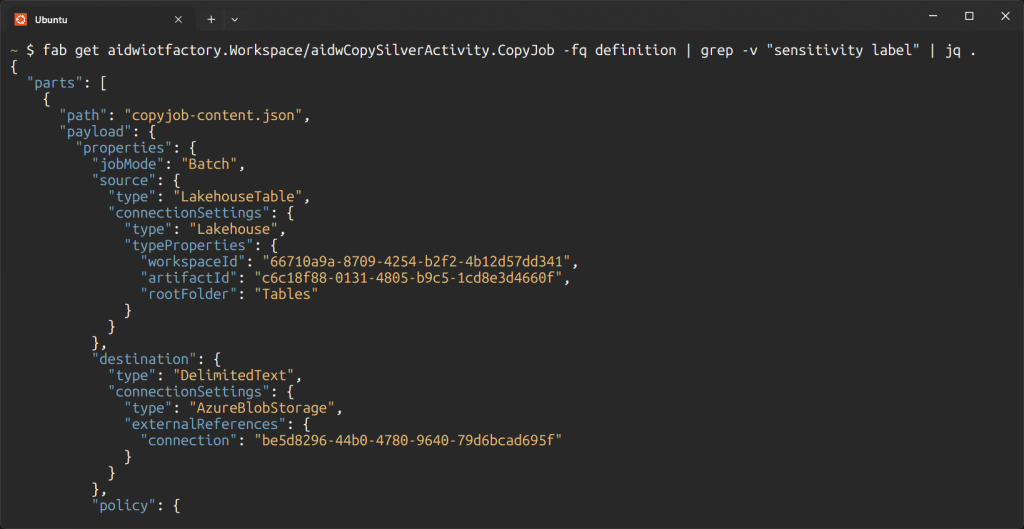 Fabric CLI output displaying a section of the definition for a Microsoft Fabric copy job