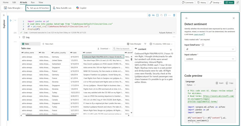 A new tab in the Fabric notebook ribbon allows you to generate code to enrich and transform your OneLake data with AI functions.