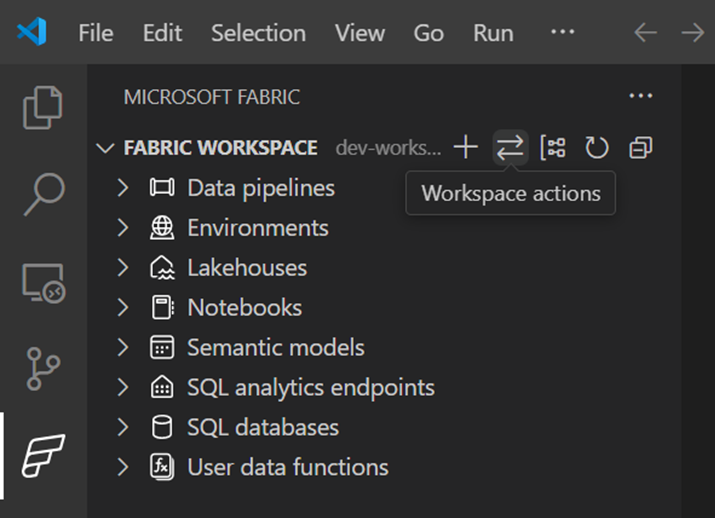 Select workspace actions in Fabric extension in VS Code