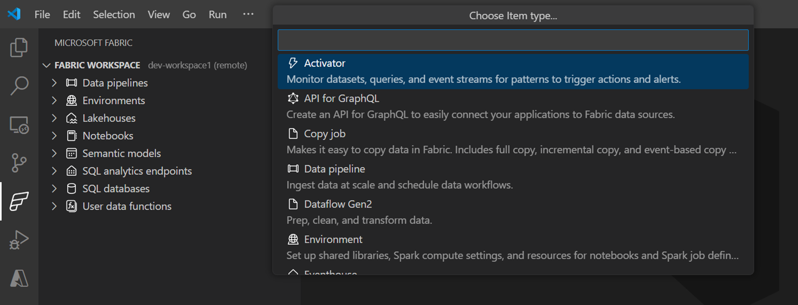 Select item type and create a new item in Fabric extension within VS Code