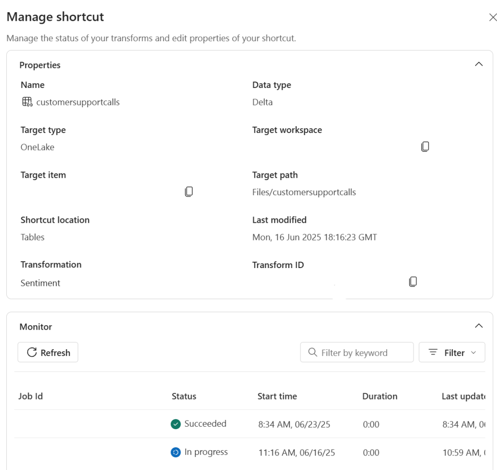 Manage shortcut page to monitor job runs