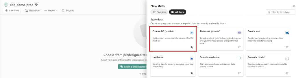 Screenshot showing the Cosmos DB artifact item in the Fabric "New Item" selection page.