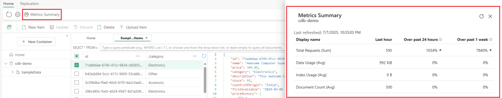 Screenshot shows the "Metrics Summary" panel for the Cosmos DB artifact.