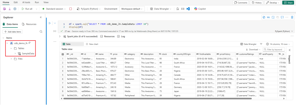 Screenshot shows the ability to run a Spark notebook on top of the data being mirrored to OneLake from the Cosmos DB artifact.