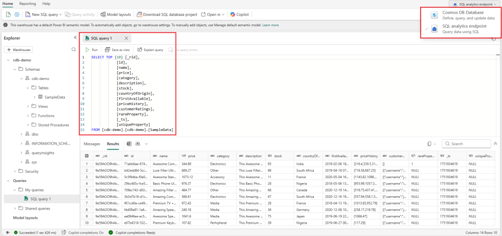 Screenshot showing a SQL query being ran in the SQL analytics endpoint for the Cosmos DB artifact.