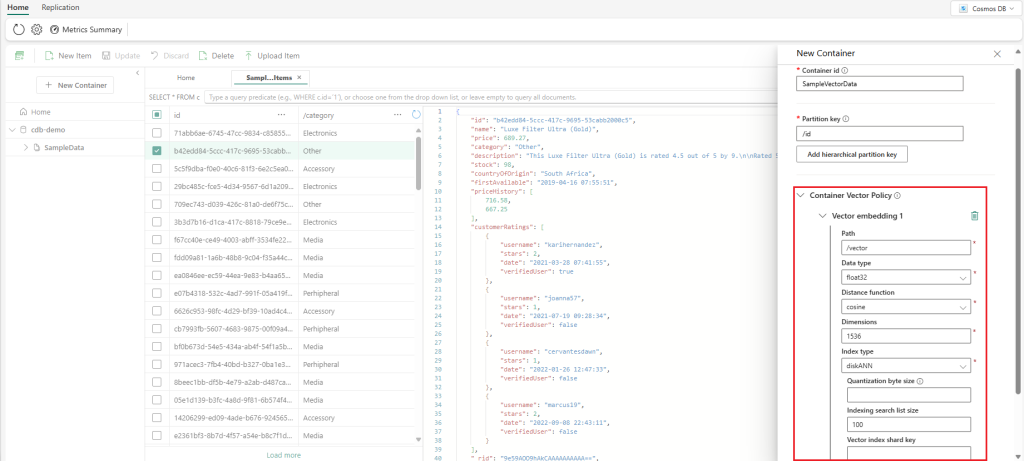 Screenshot shows the Cosmos DB artifact "New Container" screen and highlighting the container vector policy UI screen.